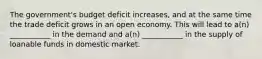 The government's budget deficit increases, and at the same time the trade deficit grows in an open economy. This will lead to a(n) ___________ in the demand and a(n) ___________ in the supply of loanable funds in domestic market.