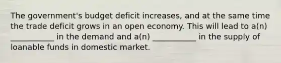 The government's budget deficit increases, and at the same time the trade deficit grows in an open economy. This will lead to a(n) ___________ in the demand and a(n) ___________ in the supply of loanable funds in domestic market.