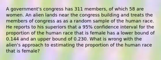 A​ government's congress has 311 members, of which 58 are women. An alien lands near the congress building and treats the members of congress as as a random sample of the human race. He reports to his superiors that a​ 95% confidence interval for the proportion of the human race that is female has a lower bound of 0.144 and an upper bound of 0.230. What is wrong with the​ alien's approach to estimating the proportion of the human race that is​ female?