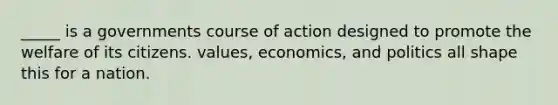 _____ is a governments course of action designed to promote the welfare of its citizens. values, economics, and politics all shape this for a nation.