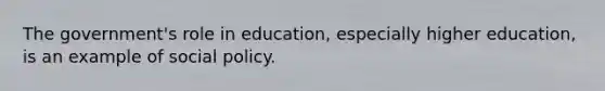 The government's role in education, especially higher education, is an example of social policy.