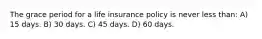 The grace period for a life insurance policy is never less than: A) 15 days. B) 30 days. C) 45 days. D) 60 days.