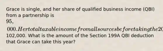 Grace is single, and her share of qualified business income (QBI) from a partnership is 95,000. Her total taxable income from all sources before taking the 20% deduction for QBI is102,000. What is the amount of the Section 199A QBI deduction that Grace can take this year?