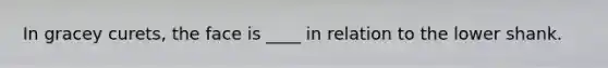 In gracey curets, the face is ____ in relation to the lower shank.