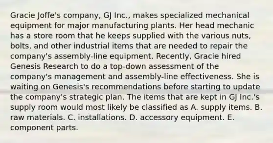 Gracie Joffe's company, GJ Inc., makes specialized mechanical equipment for major manufacturing plants. Her head mechanic has a store room that he keeps supplied with the various nuts, bolts, and other industrial items that are needed to repair the company's assembly-line equipment. Recently, Gracie hired Genesis Research to do a top-down assessment of the company's management and assembly-line effectiveness. She is waiting on Genesis's recommendations before starting to update the company's strategic plan. The items that are kept in GJ Inc.'s supply room would most likely be classified as A. supply items. B. raw materials. C. installations. D. accessory equipment. E. component parts.