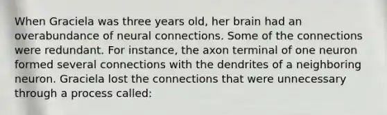 When Graciela was three years old, her brain had an overabundance of neural connections. Some of the connections were redundant. For instance, the axon terminal of one neuron formed several connections with the dendrites of a neighboring neuron. Graciela lost the connections that were unnecessary through a process called: