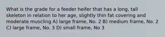 What is the grade for a feeder heifer that has a long, tall skeleton in relation to her age, slightly thin fat covering and moderate muscling A) large frame, No. 2 B) medium frame, No. 2 C) large frame, No. 3 D) small frame, No 3