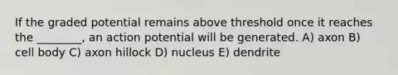 If the graded potential remains above threshold once it reaches the ________, an action potential will be generated. A) axon B) cell body C) axon hillock D) nucleus E) dendrite