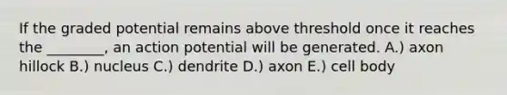 If the graded potential remains above threshold once it reaches the ________, an action potential will be generated. A.) axon hillock B.) nucleus C.) dendrite D.) axon E.) cell body