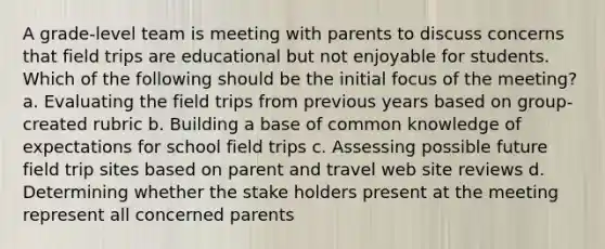 A grade-level team is meeting with parents to discuss concerns that field trips are educational but not enjoyable for students. Which of the following should be the initial focus of the meeting? a. Evaluating the field trips from previous years based on group-created rubric b. Building a base of common knowledge of expectations for school field trips c. Assessing possible future field trip sites based on parent and travel web site reviews d. Determining whether the stake holders present at the meeting represent all concerned parents