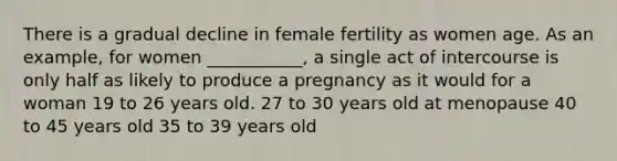 There is a gradual decline in female fertility as women age. As an example, for women ___________, a single act of intercourse is only half as likely to produce a pregnancy as it would for a woman 19 to 26 years old. 27 to 30 years old at menopause 40 to 45 years old 35 to 39 years old