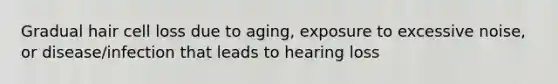 Gradual hair cell loss due to aging, exposure to excessive noise, or disease/infection that leads to hearing loss