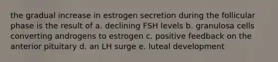 the gradual increase in estrogen secretion during the follicular phase is the result of a. declining FSH levels b. granulosa cells converting androgens to estrogen c. positive feedback on the anterior pituitary d. an LH surge e. luteal development