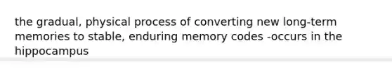 the gradual, physical process of converting new long-term memories to stable, enduring memory codes -occurs in the hippocampus