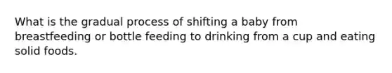 What is the gradual process of shifting a baby from breastfeeding or bottle feeding to drinking from a cup and eating solid foods.