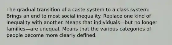 The gradual transition of a caste system to a class system: Brings an end to most social inequality. Replace one kind of inequality with another. Means that individuals—but no longer families—are unequal. Means that the various categories of people become more clearly defined.