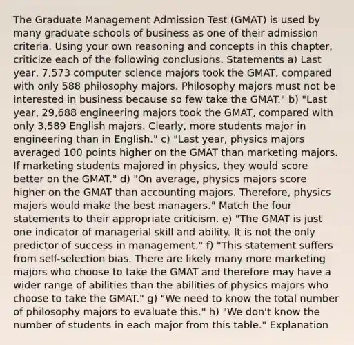 The Graduate Management Admission Test (GMAT) is used by many graduate schools of business as one of their admission criteria. Using your own reasoning and concepts in this chapter, criticize each of the following conclusions. Statements a) Last year, 7,573 computer science majors took the GMAT, compared with only 588 philosophy majors. Philosophy majors must not be interested in business because so few take the GMAT." b) "Last year, 29,688 engineering majors took the GMAT, compared with only 3,589 English majors. Clearly, more students major in engineering than in English." c) "Last year, physics majors averaged 100 points higher on the GMAT than marketing majors. If marketing students majored in physics, they would score better on the GMAT." d) "On average, physics majors score higher on the GMAT than accounting majors. Therefore, physics majors would make the best managers." Match the four statements to their appropriate criticism. e) "The GMAT is just one indicator of managerial skill and ability. It is not the only predictor of success in management." f) "This statement suffers from self-selection bias. There are likely many more marketing majors who choose to take the GMAT and therefore may have a wider range of abilities than the abilities of physics majors who choose to take the GMAT." g) "We need to know the total number of philosophy majors to evaluate this." h) "We don't know the number of students in each major from this table." Explanation