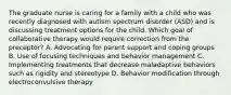 The graduate nurse is caring for a family with a child who was recently diagnosed with autism spectrum disorder (ASD) and is discussing treatment options for the child. Which goal of collaborative therapy would require correction from the preceptor? A. Advocating for parent support and coping groups B. Use of focusing techniques and behavior management C. Implementing treatments that decrease maladaptive behaviors such as rigidity and stereotype D. Behavior modification through electroconvulsive therapy