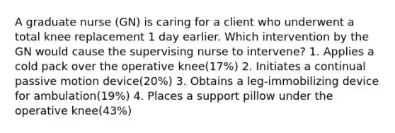 A graduate nurse (GN) is caring for a client who underwent a total knee replacement 1 day earlier. Which intervention by the GN would cause the supervising nurse to intervene? 1. Applies a cold pack over the operative knee(17%) 2. Initiates a continual passive motion device(20%) 3. Obtains a leg-immobilizing device for ambulation(19%) 4. Places a support pillow under the operative knee(43%)