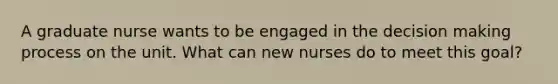 A graduate nurse wants to be engaged in the decision making process on the unit. What can new nurses do to meet this goal?