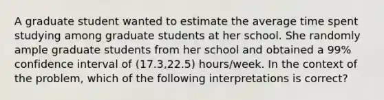 A graduate student wanted to estimate the average time spent studying among graduate students at her school. She randomly ample graduate students from her school and obtained a 99% confidence interval of (17.3,22.5) hours/week. In the context of the problem, which of the following interpretations is correct?