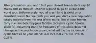 After graduation, you and 19 of your closest friends (lets say 10 males and 10 females) charter a plane to go on a round-the-world tour. Unfortunately, you all crash land (safely) on a deserted island. No one finds you and you start a new population totally isolated from the rest of the world. Two of your friends carry (i.e. are heterozygous for) the recessive cystic fibrosis allele (c). Assuming that the frequency of this allele does not change as the population grows, what will be the incidence of cystic fibrosis on your island? A-0.15% B-0.20% C-0.35% D-0.25%