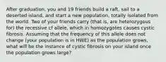 After graduation, you and 19 friends build a raft, sail to a deserted island, and start a new population, totally isolated from the world. Two of your friends carry (that is, are heterozygous for) the recessive cf allele, which in homozygotes causes cystic fibrosis. Assuming that the frequency of this allele does not change (your population is in HWE) as the population grows, what will be the instance of cystic fibrosis on your island once the population grows large?