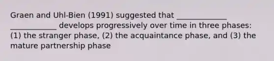 Graen and Uhl-Bien (1991) suggested that _____________ ____________ develops progressively over time in three phases: (1) the stranger phase, (2) the acquaintance phase, and (3) the mature partnership phase