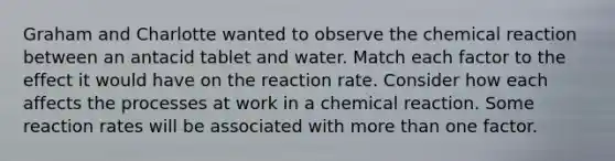 Graham and Charlotte wanted to observe the chemical reaction between an antacid tablet and water. Match each factor to the effect it would have on the reaction rate. Consider how each affects the processes at work in a chemical reaction. Some reaction rates will be associated with more than one factor.