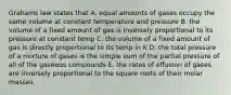 Grahams law states that A. equal amounts of gases occupy the same volume at constant temperature and pressure B. the volume of a fixed amount of gas is inversely proportional to its pressure at constant temp C. the volume of a fixed amount of gas is directly proportional to its temp in K D. the total pressure of a mixture of gases is the simple sum of the partial pressure of all of the gaseous compounds E. the rates of effusion of gases are inversely proportional to the square roots of their molar masses