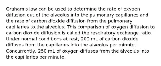 Graham's law can be used to determine the rate of oxygen diffusion out of the alveolus into the pulmonary capillaries and the rate of carbon dioxide diffusion from the pulmonary capillaries to the alveolus. This comparison of oxygen diffusion to carbon dioxide diffusion is called the respiratory exchange ratio. Under normal conditions at rest, 200 mL of carbon dioxide diffuses from the capillaries into the alveolus per minute. Concurrently, 250 mL of oxygen diffuses from the alveolus into the capillaries per minute.