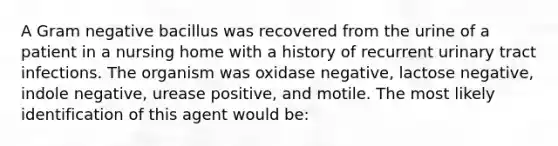 A Gram negative bacillus was recovered from the urine of a patient in a nursing home with a history of recurrent urinary tract infections. The organism was oxidase negative, lactose negative, indole negative, urease positive, and motile. The most likely identification of this agent would be: