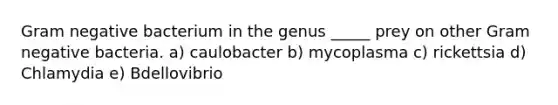 Gram negative bacterium in the genus _____ prey on other Gram negative bacteria. a) caulobacter b) mycoplasma c) rickettsia d) Chlamydia e) Bdellovibrio