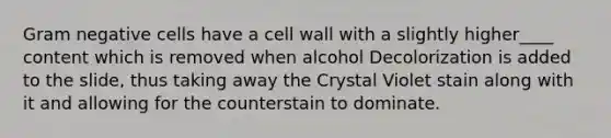 Gram negative cells have a cell wall with a slightly higher____ content which is removed when alcohol Decolorization is added to the slide, thus taking away the Crystal Violet stain along with it and allowing for the counterstain to dominate.