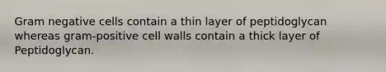 Gram negative cells contain a thin layer of peptidoglycan whereas gram-positive cell walls contain a thick layer of Peptidoglycan.