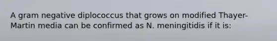 A gram negative diplococcus that grows on modified Thayer-Martin media can be confirmed as N. meningitidis if it is: