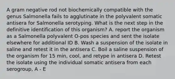 A gram negative rod not biochemically compatible with the genus Salmonella fails to agglutinate in the polyvalent somatic antisera for Salmonella serotyping. What is the next step in the definitive identification of this organism? A. report the organism as a Salmonella polyvalent O-pos species and sent the isolate elsewhere for additional ID B. Wash a suspension of the isolate in saline and retest it in the antisera C. Boil a saline suspension of the organism for 15 min, cool, and retype in antisera D. Retest the isolate using the individual somatic antisera from each serogroup, A - E