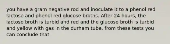 you have a gram negative rod and inoculate it to a phenol red lactose and phenol red glucose broths. After 24 hours, the lactose broth is turbid and red and the glucose broth is turbid and yellow with gas in the durham tube. from these tests you can conclude that