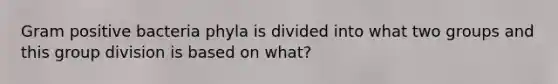 Gram positive bacteria phyla is divided into what two groups and this group division is based on what?