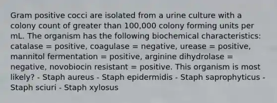 Gram positive cocci are isolated from a urine culture with a colony count of greater than 100,000 colony forming units per mL. The organism has the following biochemical characteristics: catalase = positive, coagulase = negative, urease = positive, mannitol fermentation = positive, arginine dihydrolase = negative, novobiocin resistant = positive. This organism is most likely? - Staph aureus - Staph epidermidis - Staph saprophyticus - Staph sciuri - Staph xylosus