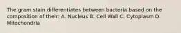 The gram stain differentiates between bacteria based on the composition of their: A. Nucleus B. Cell Wall C. Cytoplasm D. Mitochondria