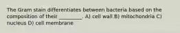 The Gram stain differentiates between bacteria based on the composition of their _________. A) cell wall B) mitochondria C) nucleus D) cell membrane