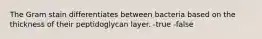 The Gram stain differentiates between bacteria based on the thickness of their peptidoglycan layer. -true -false