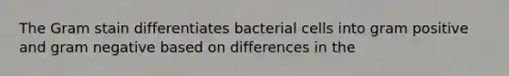 The Gram stain differentiates bacterial cells into gram positive and gram negative based on differences in the