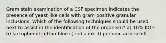 Gram stain examination of a CSF specimen indicates the presence of yeast-like cells with gram-positive granular inclusions. Which of the following techniques should be used next to assist in the identification of the organism? a) 10% KOH b) lactophenol cotton blue c) india ink d) periodic acid-schiff