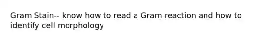 Gram Stain-- know how to read a Gram reaction and how to identify cell morphology