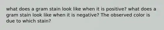 what does a gram stain look like when it is positive? what does a gram stain look like when it is negative? The observed color is due to which stain?