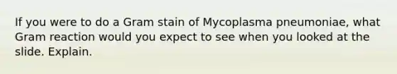 If you were to do a Gram stain of Mycoplasma pneumoniae, what Gram reaction would you expect to see when you looked at the slide. Explain.