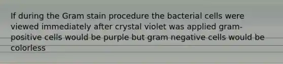 If during the Gram stain procedure the bacterial cells were viewed immediately after crystal violet was applied gram-positive cells would be purple but gram negative cells would be colorless