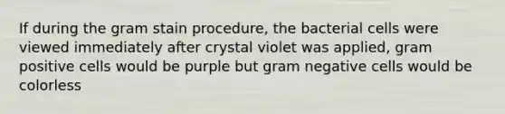 If during the gram stain procedure, the bacterial cells were viewed immediately after crystal violet was applied, gram positive cells would be purple but gram negative cells would be colorless